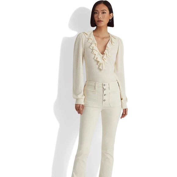 LAUREN Ralph Lauren Cream/White Ruffle Trim V-Neck Long Sleeve Shirt Siz… - Picture 7 of 7